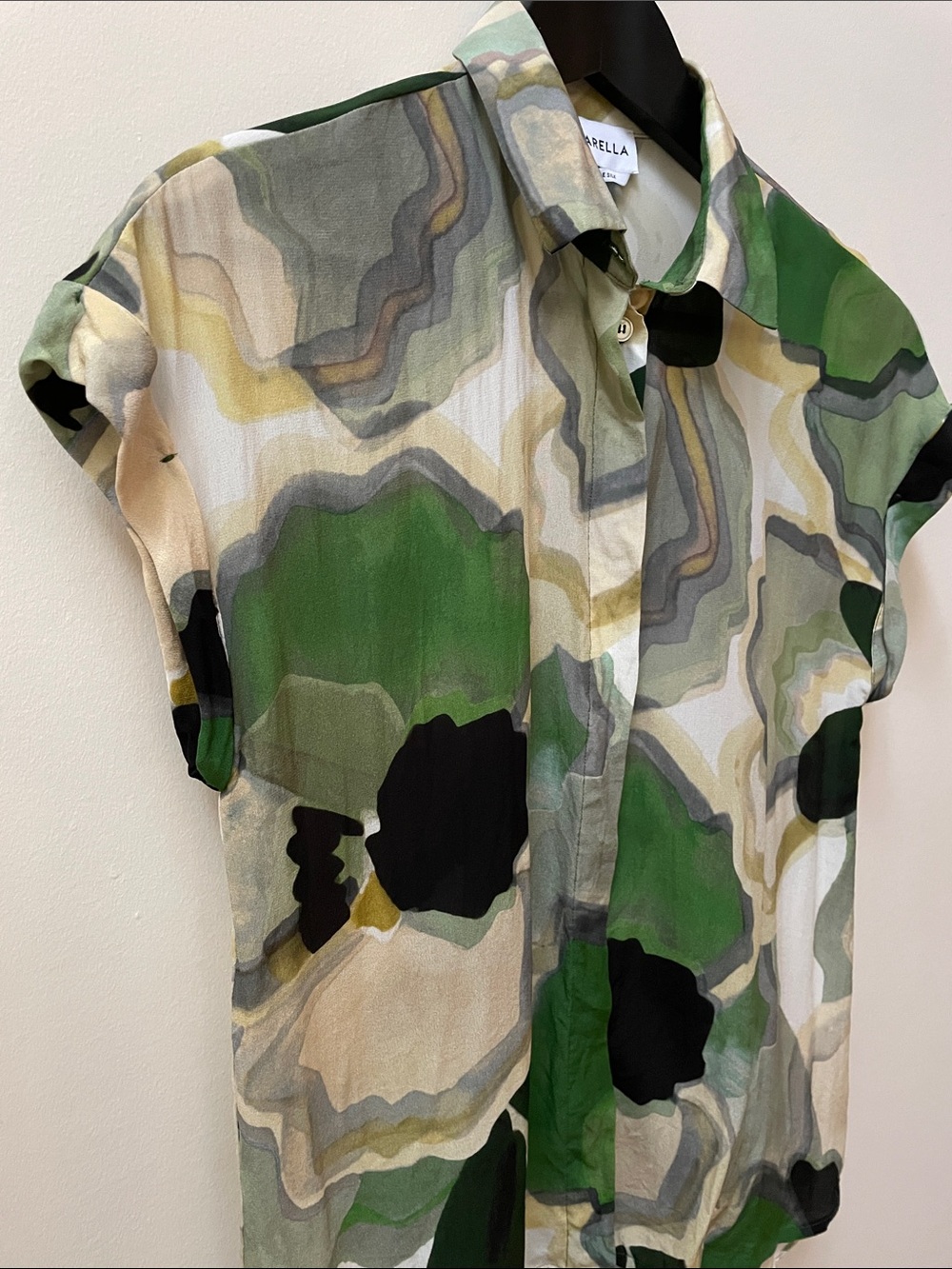 MARELLA SILK Green Black Cream Short-Sleeve Blouse - Picture 6 of 7